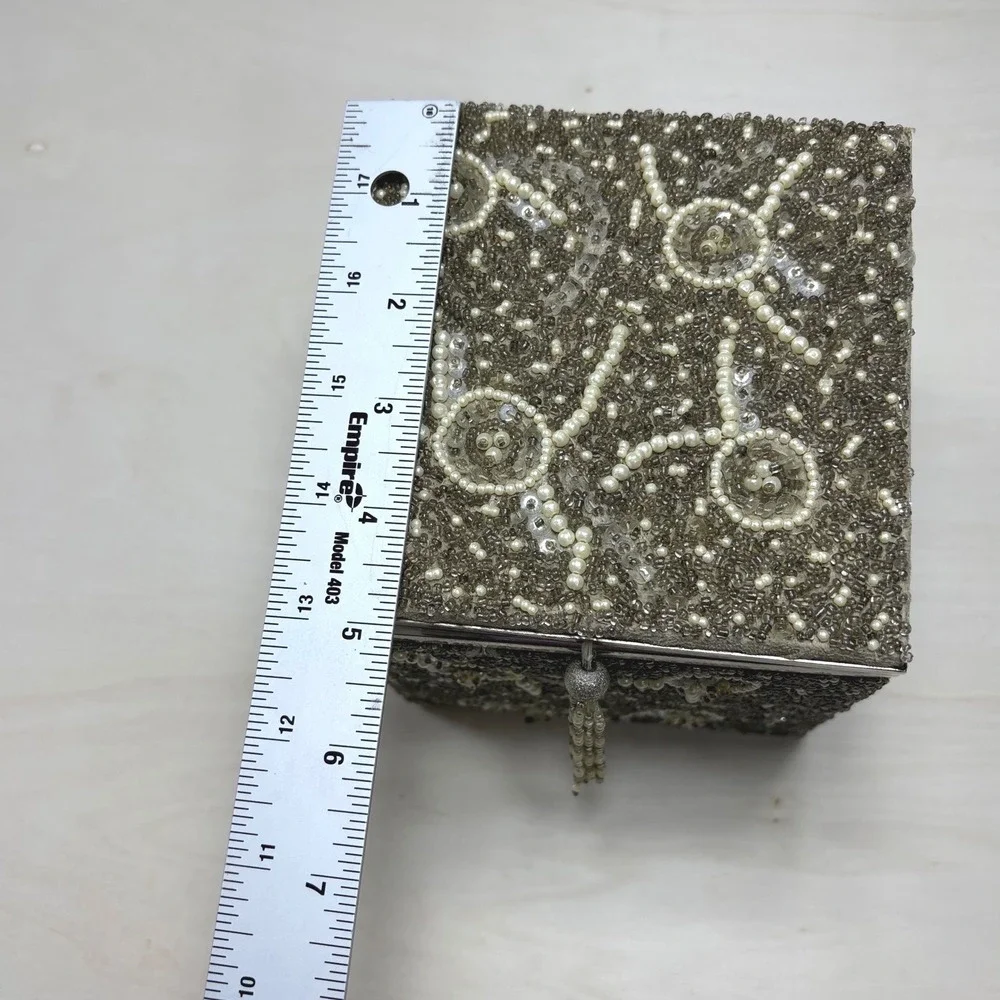 Target 2005 Vintage Style Beaded Jewelry Box Champagne Pearl Sequin Tassel 4x4